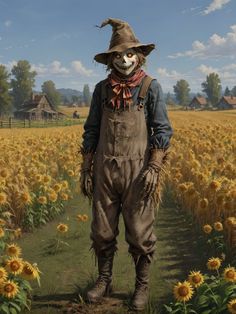 a scarecrow standing in the middle of a sunflower field with his face painted