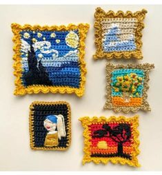 four crocheted squares with different pictures on them