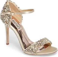 Badgley Mischka Collection Tampa Ankle Strap Sandal (Women) | Nordstrom Evening Shoe, Sparkly Wedding Shoes, Embellished Heels, Strap Sandals Women, Satin Heels, Evening Shoes, Sergio Rossi, Open Toe Sandals, Marchesa