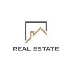 the real estate logo is shown in grey and brown colors, with an arrow pointing up to