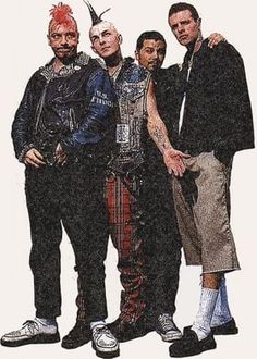 four men standing next to each other with their arms around one another and wearing punk clothing