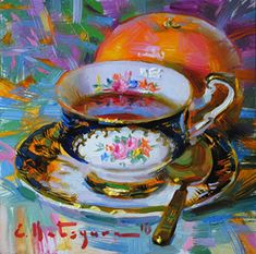 a painting of a tea cup and saucer with an orange on the plate next to it