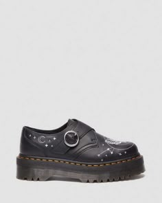 Embroidered with a moth-load of gothic energy. In Softy T leather, the Monk Strap shoes get a nocturnal update in our Celestial Moth collection. The low-silhouette shoes feature an off-centre buckle fastening that blends neatly into the stitched star and moth motifs. Whilst the embroidered detailing offers a striking contrast stitch, the shoes are finished with our signature yellow stitching on top of our stacked Quad platform sole. Moth Collection, Leather Platform Shoes, Mary Jane Platform Shoes, How To Clean Suede, Black Dr Martens, Black Platform Shoes, Monk Strap Shoes, Vegan Boots, Heart Bag