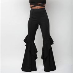 High Waist Bell Bottoms With Ruffle Details At The Bottom Of The Pants. It Has A Back Zipper Closure. Material: 95% Polyester/ 5% Spandex Edgy Flare Bottoms For Party, Edgy Flare Pants For Party, Casual Elastane Pants For Party, Trendy Black Flare Leggings, Edgy Stretch Pants For Going Out, Target Jumpsuit, Flowy Wide Leg Pants, Black Flare Pants, Cream Pants