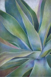 a painting of a green plant with blue and yellow leaves on it's side