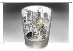 an image of a glass with drawings on it in the shape of a clock tower