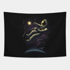 an astronaut floating in the space with stars and music notes on his back wall tapestry