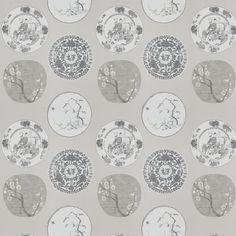 a wallpaper with many plates on it in grey and white colors, including one that has an image of two men facing each other