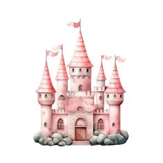 a watercolor drawing of a pink castle with flags flying in the wind and clouds