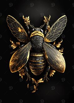 a gold and black bee with ornate details on it's back side, against a black background