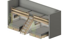 an image of a loft bed with stairs to the top and bottom bunks on each side