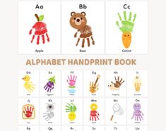 the alphabet handprint book with pictures of animals and letters