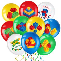 a bunch of balloons that have legos on them