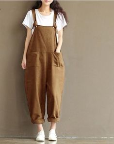 Hippie Casual Cotton Overalls - GIGI & POPO - Women - Khaki / XL Overalls Plus Size, Cotton Overalls, Strap Pants, Overalls For Women, Pocket Jumpsuit, Rompers Womens Jumpsuit, Outfit Night, Cami Romper, Loose Jumpsuit