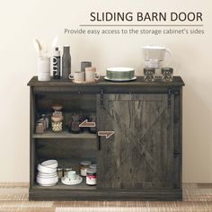 the sliding barn door provides easy access to the storage cabinet's sides and shelves