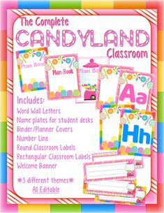 the complete candyland classroom pack includes posters, name plates and letter covers for children's learning