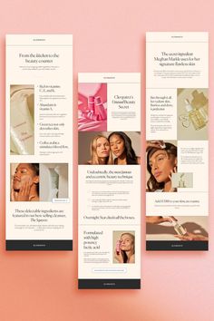 three brochures with images of women in pink and white, on a pink background