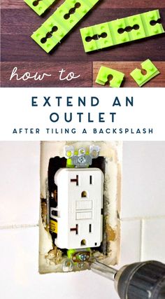 an electrical outlet with the words how to extend an outlet after tiling a backsplash