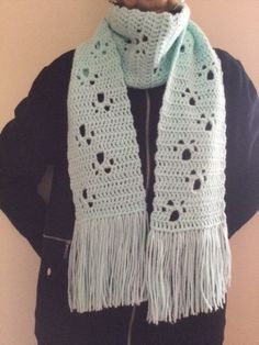 Crocheted paw print scarf, especially good for the dog or cat lover.  Cozy, soft and warm.   Item is 63" long not including the fringes, and 6" wide.  Hand made of fully machine washable and dryable acrylic yarn.  Color is aqua.    This item is currently available and can be shipped in 1-2 business days. It was crocheted in my smoke- and pet-free home. Original design by Amy B Stitched  www.amysastitchatatime.blogspot.com Crochet Cat, Scarf Pattern, Crochet Scarves, Crochet Gifts, Scarf Print, Winter Scarf, Cat Lover, The Dog, Acrylic Yarn