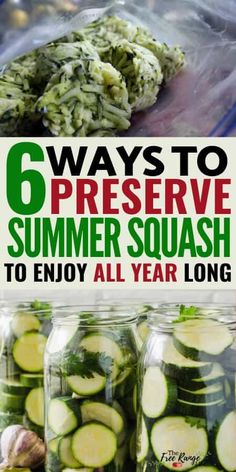 six jars filled with cucumbers and the title says 6 ways to preserve summer squash to enjoy all year long