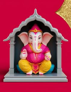 an elephant statue sitting inside of a small shrine