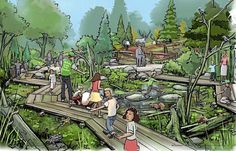 an artist's rendering of people walking across a bridge over a river in the woods