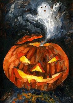 an oil painting of a ghost on top of a pumpkin