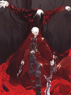 an anime character with white hair and black eyes standing in front of a red background