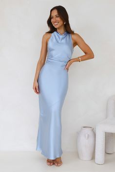 Length from shoulder to hem of size S: 143cm. Chest: 38cm, Waist: 30cm, across front only of size S. Maxi dress. Unlined. Model is a standard XS and is wearing size XS. True to size. Non-stretch. Satin. Crossover back. High cowl neck. Gathered waist. Zipper with hook eye closure.  Cold hand wash only. Polyester. Lovely Light Blue Silk Bridesmaid Dresses, Powder Blue Bridesmaid Dress, Light Blue Formal Dress, Light Blue Bridesmaid Dresses, Sky Blue Bridesmaid Dresses, Dusty Blue Dress, Bridesmaid Dresses Satin, Blue Satin Dress, Dusty Blue Bridesmaid Dresses