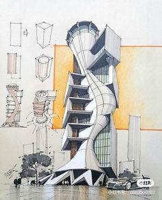 a drawing of a building that has a spiral staircase