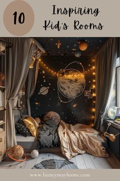 a child's bedroom with lights and planets on the wall, in front of a window