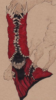 an artistic drawing of a red creature with sharp teeth