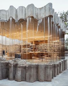 an artisticly designed public library with bookshelves