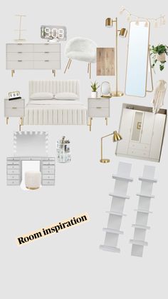 the room is filled with white furniture and accessories