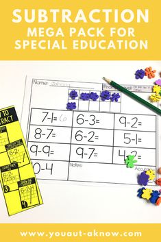 the subtraction mega pack for special education is shown with flowers and numbers on it