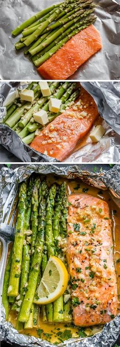 salmon and asparagus on foil with lemons