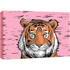 an orange tiger with yellow eyes on a pink background canvas print wall art by person