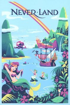 a poster with mermaids and ships in the water