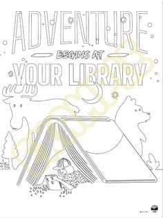 the adventure begins at your library coloring page with an open book and bear on it