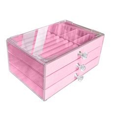 a pink jewelry box with three drawers