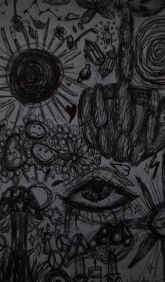 a black and white drawing of an eye surrounded by other things in the background,