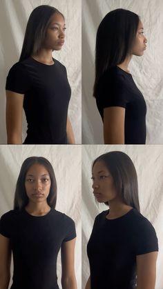 four different shots of a woman's face and shoulders, all showing the same amount of hair