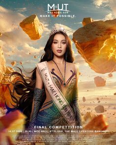 a poster for the miss universe contest with a woman in a costume and crown on her head