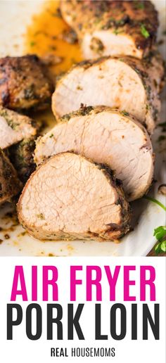 air fryer pork loin on a white plate