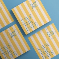 three yellow and white save the date cards on a blue background with text that says save the date