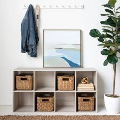 a white shelf with baskets on it next to a potted plant