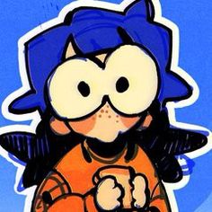 an image of a cartoon character with blue hair and orange shirt holding a cell phone