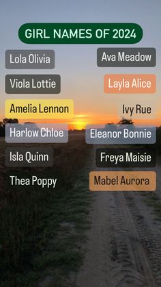 the names of girls names in different languages on a dirt road with grass and trees