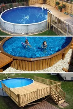 an above ground swimming pool with steps and decking around it, in the backyard