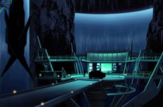 an animated scene of a futuristic building with stairs and green lights in the dark night